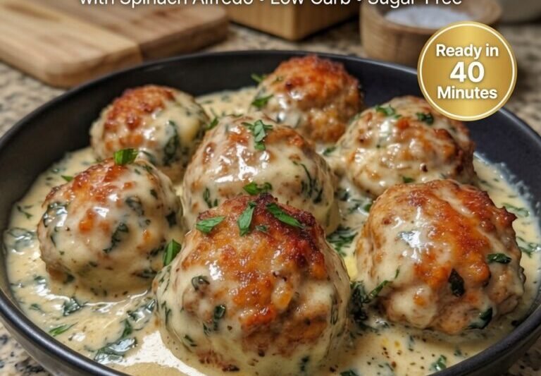High-Protein Chicken Ricotta Meatballs with Spinach Alfredo
