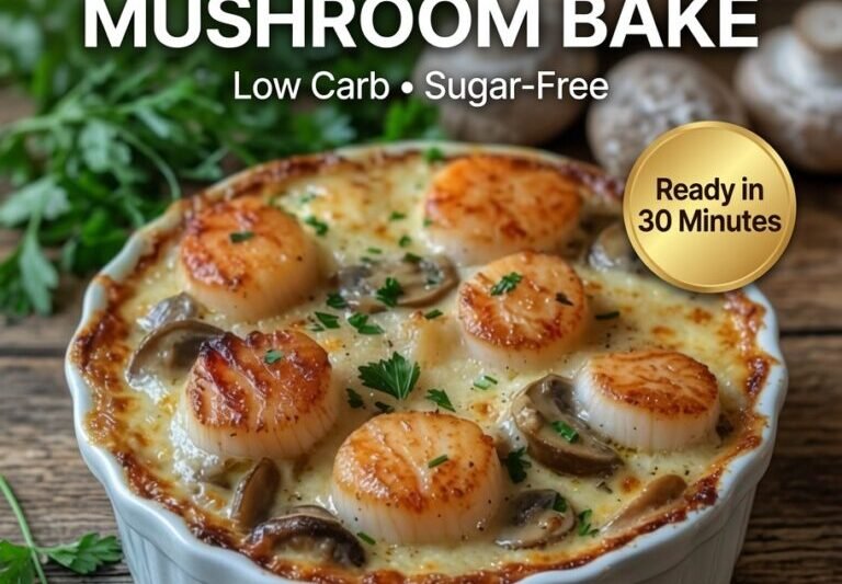High-Protein Cheesy Scallop Mushroom Bake