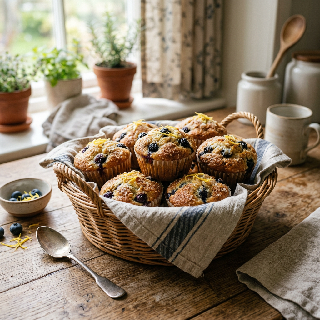 Basket of blueberry lemon muffins on a rustic wooden table