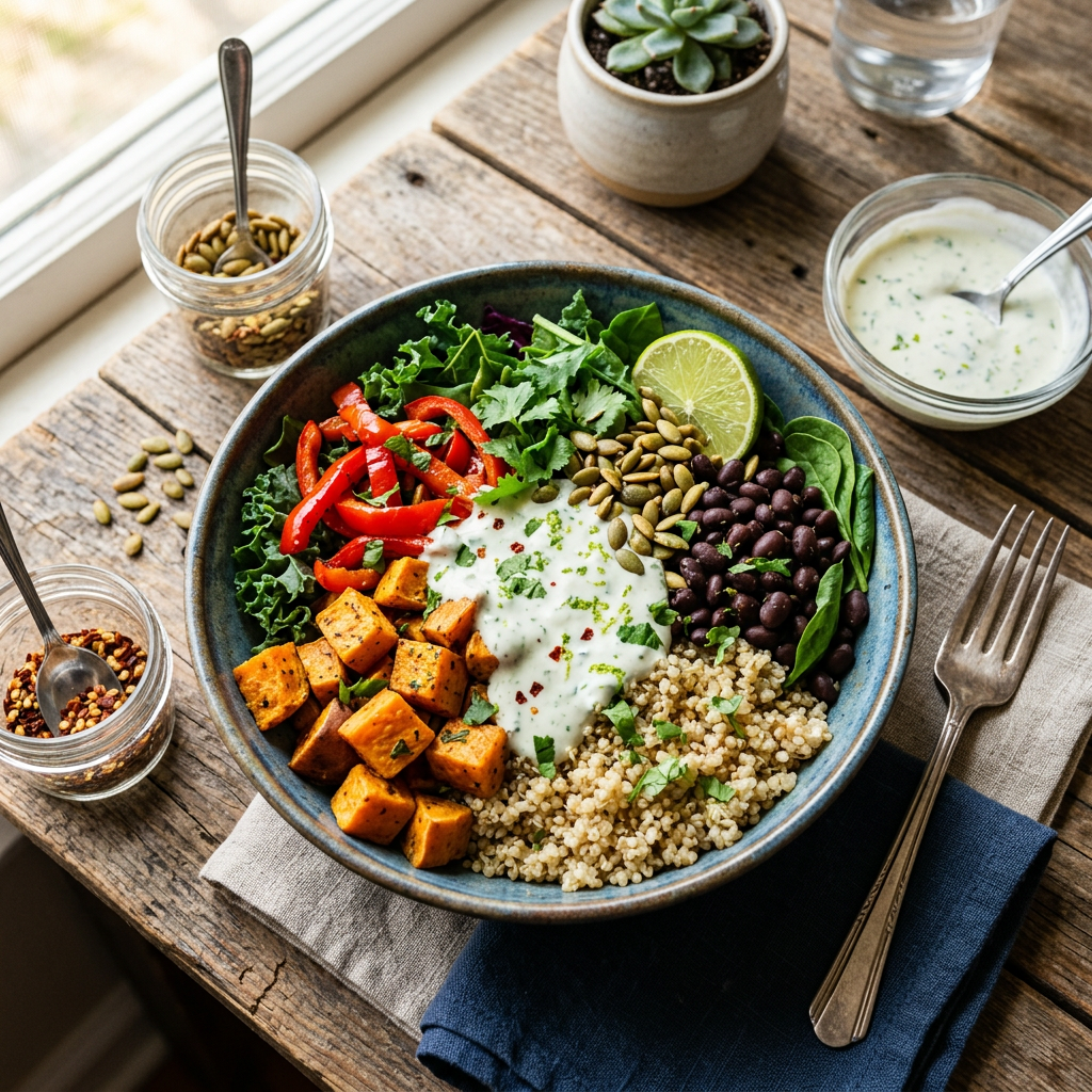 Colorful grain bowl with quinoa, beans, vegetables, greens, and lime dressing
